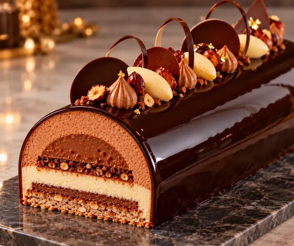 Bûche trois chocolats & gianduja (6-8 pers)